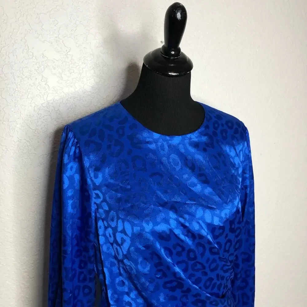 Adelyn Rae bright blue leopard print side drape dress size Large